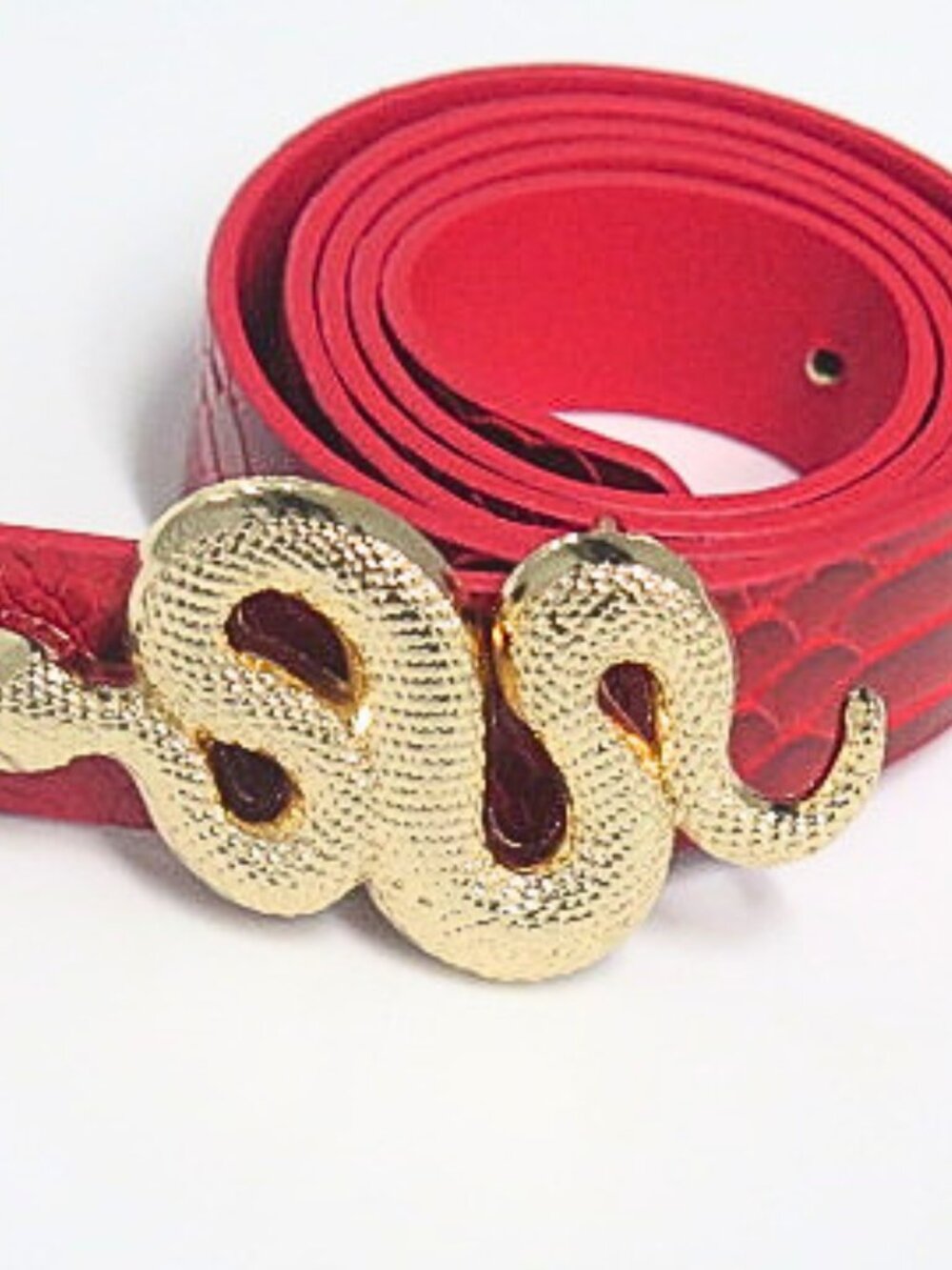 Women’s Red Faux Leather Belt Gold Tone Snake Buckle Reptile Print Statement